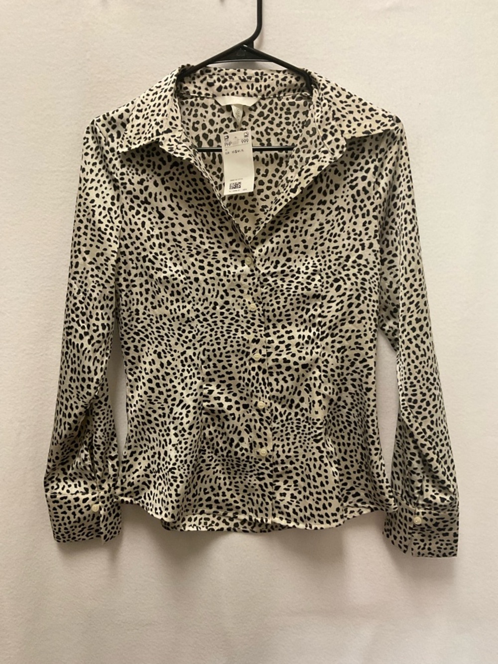 H&M Cream and Black Animal Print Button-Down Blouse